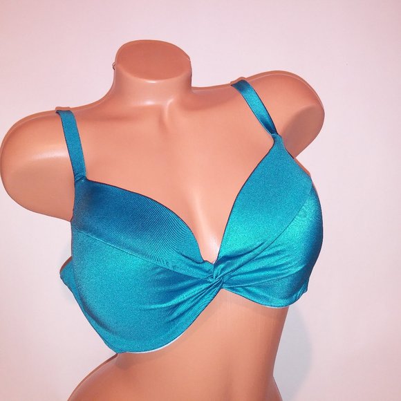 Victoria Secret Swim Bikini Top 38D  Solid Blue Twist Push Up‎ Shimmer New - Picture 1 of 9